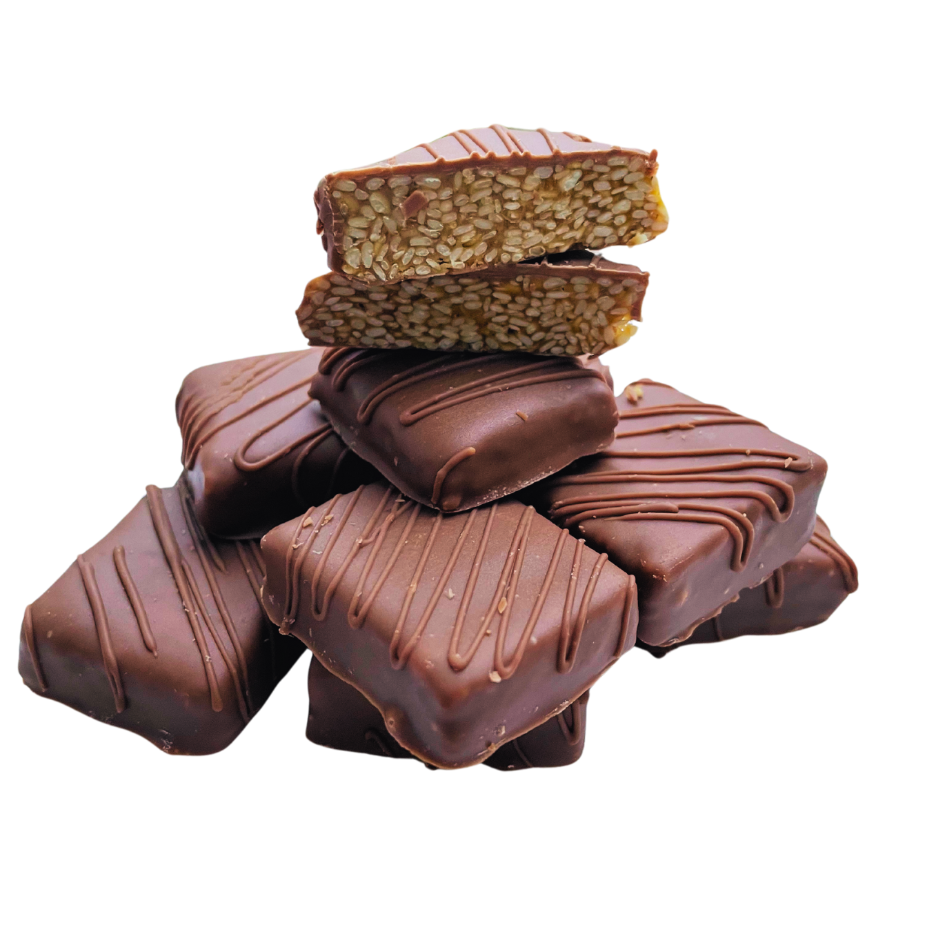 Chocolate Tul Sakri (Sesame Snap) Coated Squares